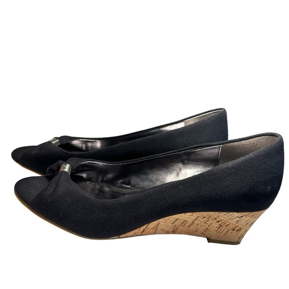 Etienne Aigner Black Canvas Wedge Heel open toe Pumps 8 - Picture 4 of 16